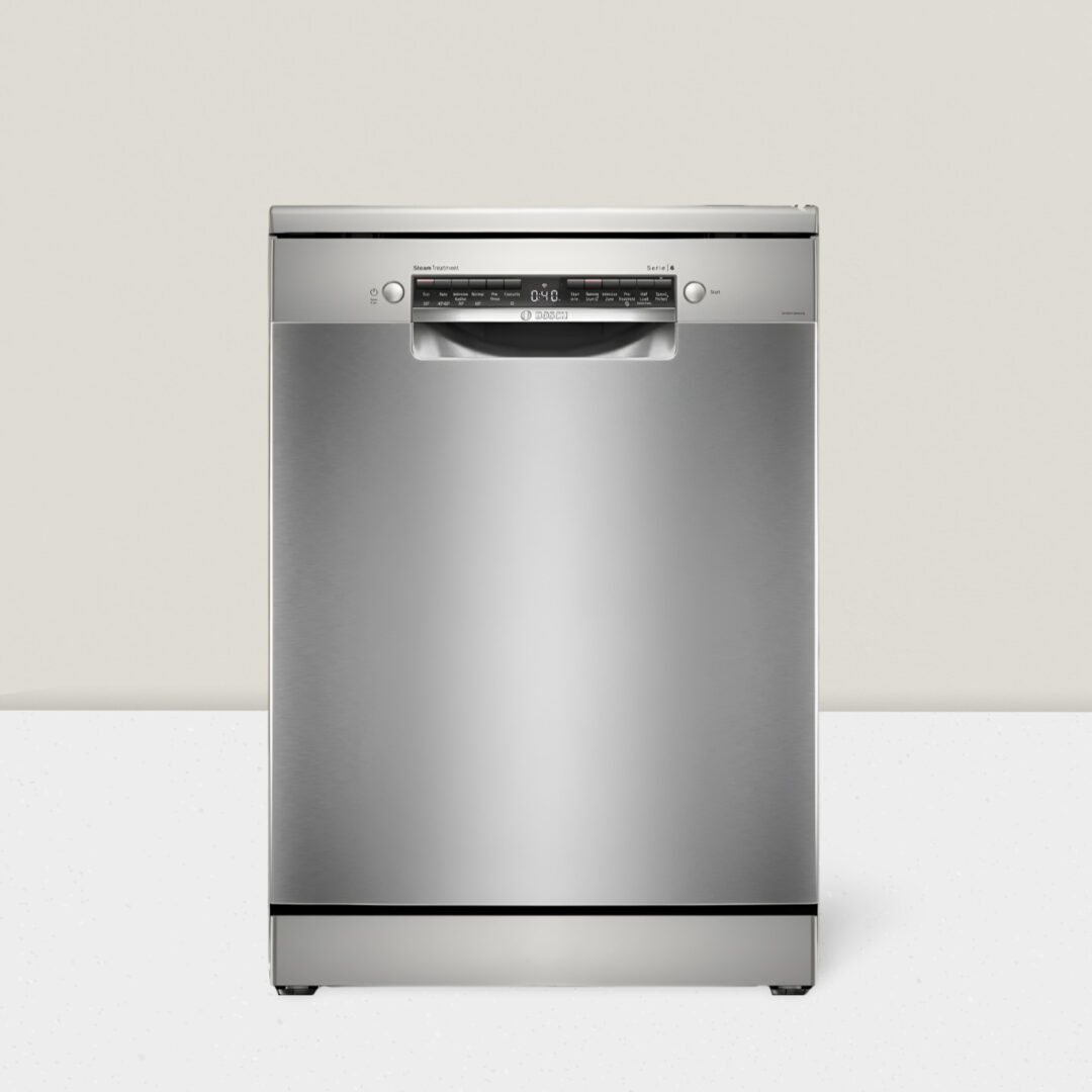 BOSCH Series 6 15 Place Settings Free Standing Dishwasher with Anti-Fingerprint (No Pre-rinse Required, Silver Inox) SMS6HMI00I