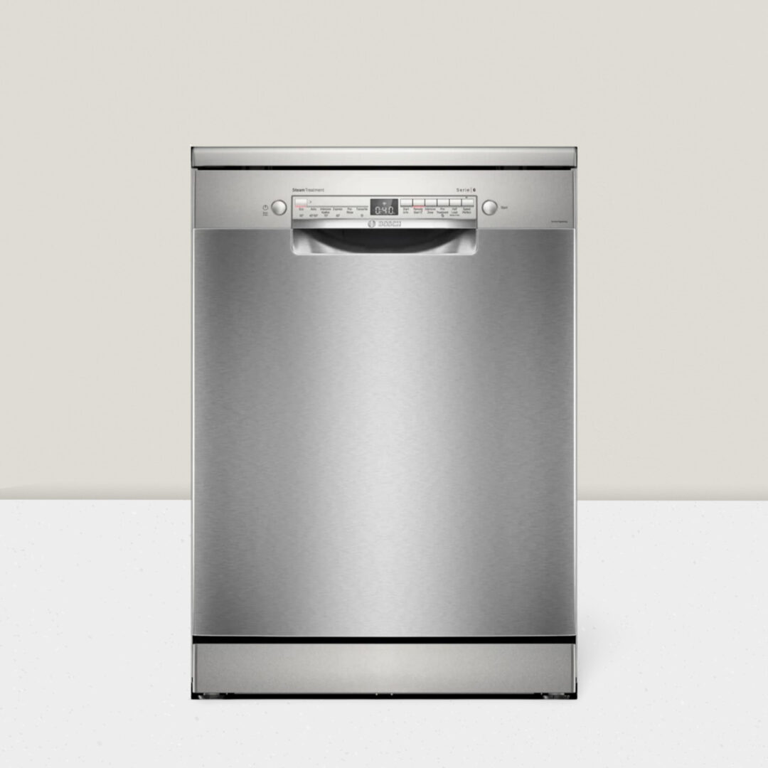 BOSCH Series 6 14 Place Settings Free Standing Dishwasher with Glass Protection Technology (No Pre-rinse Required, Silver) SMS6IKI01I